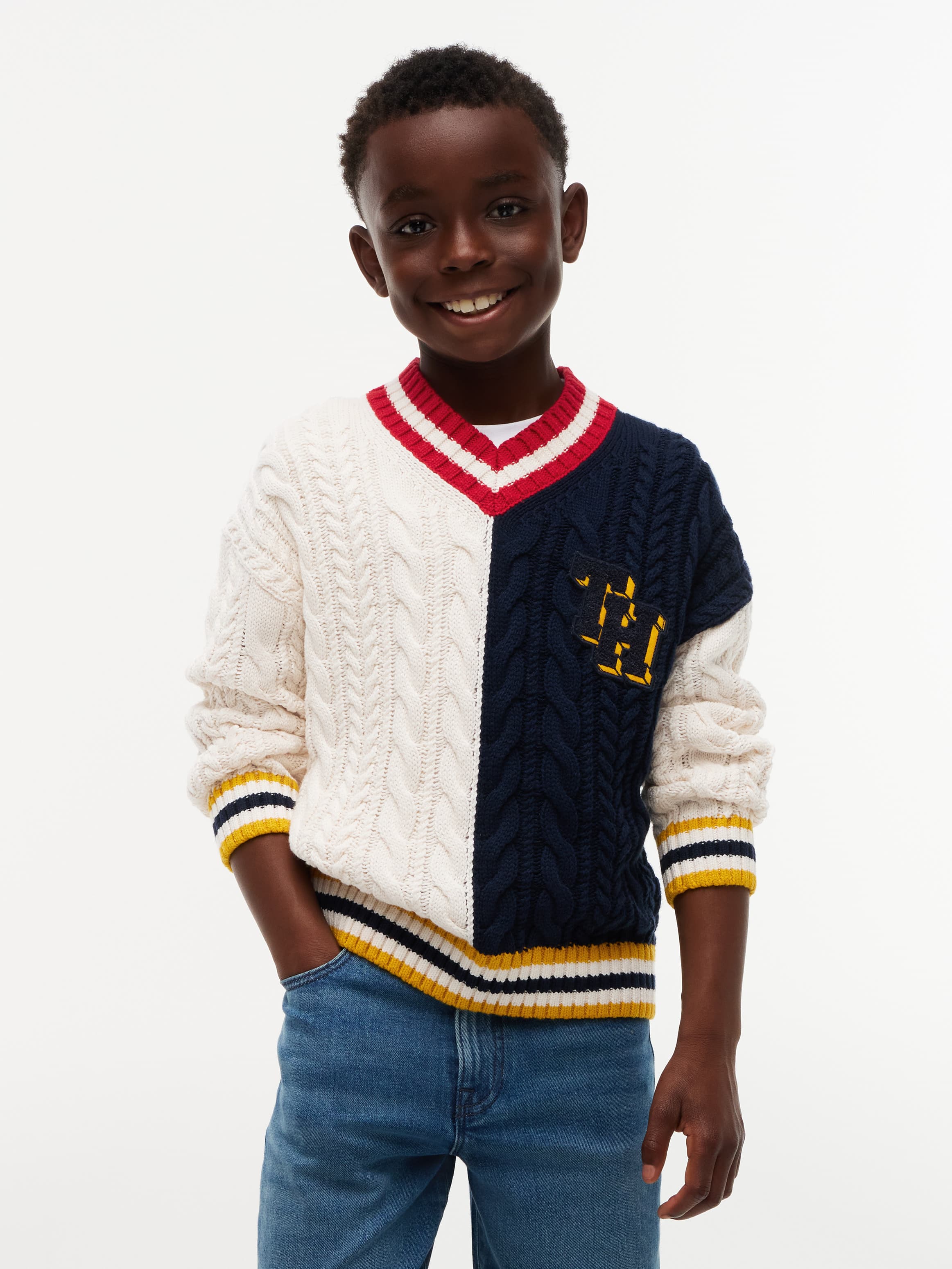 Felt Appliqué Cable Knit V-Neck Jumper