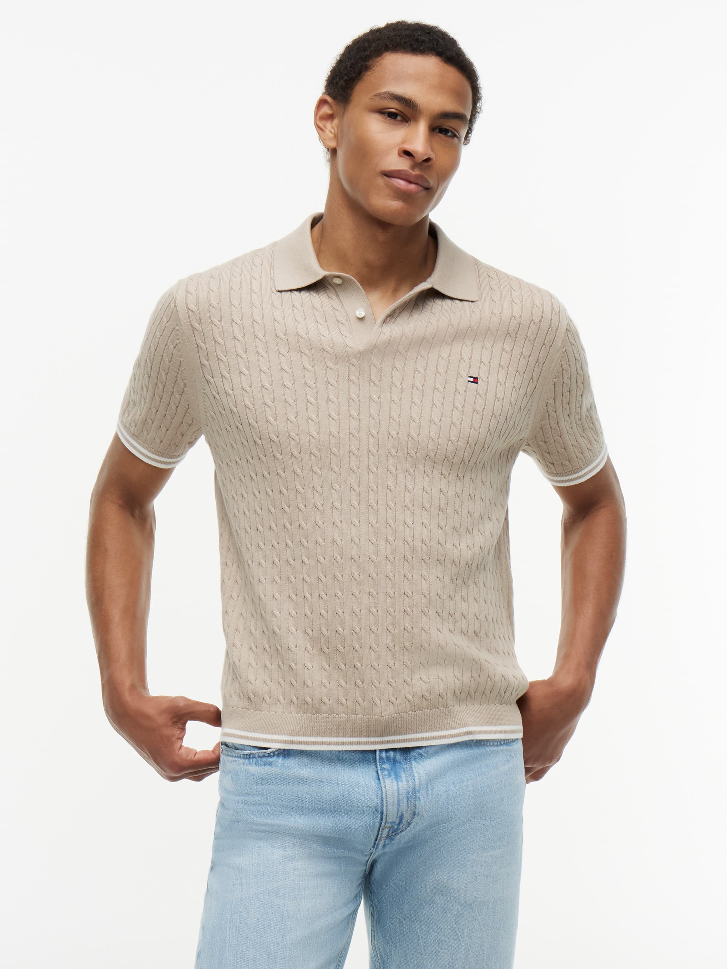 Cable Knit Short Sleeve Polo Jumper