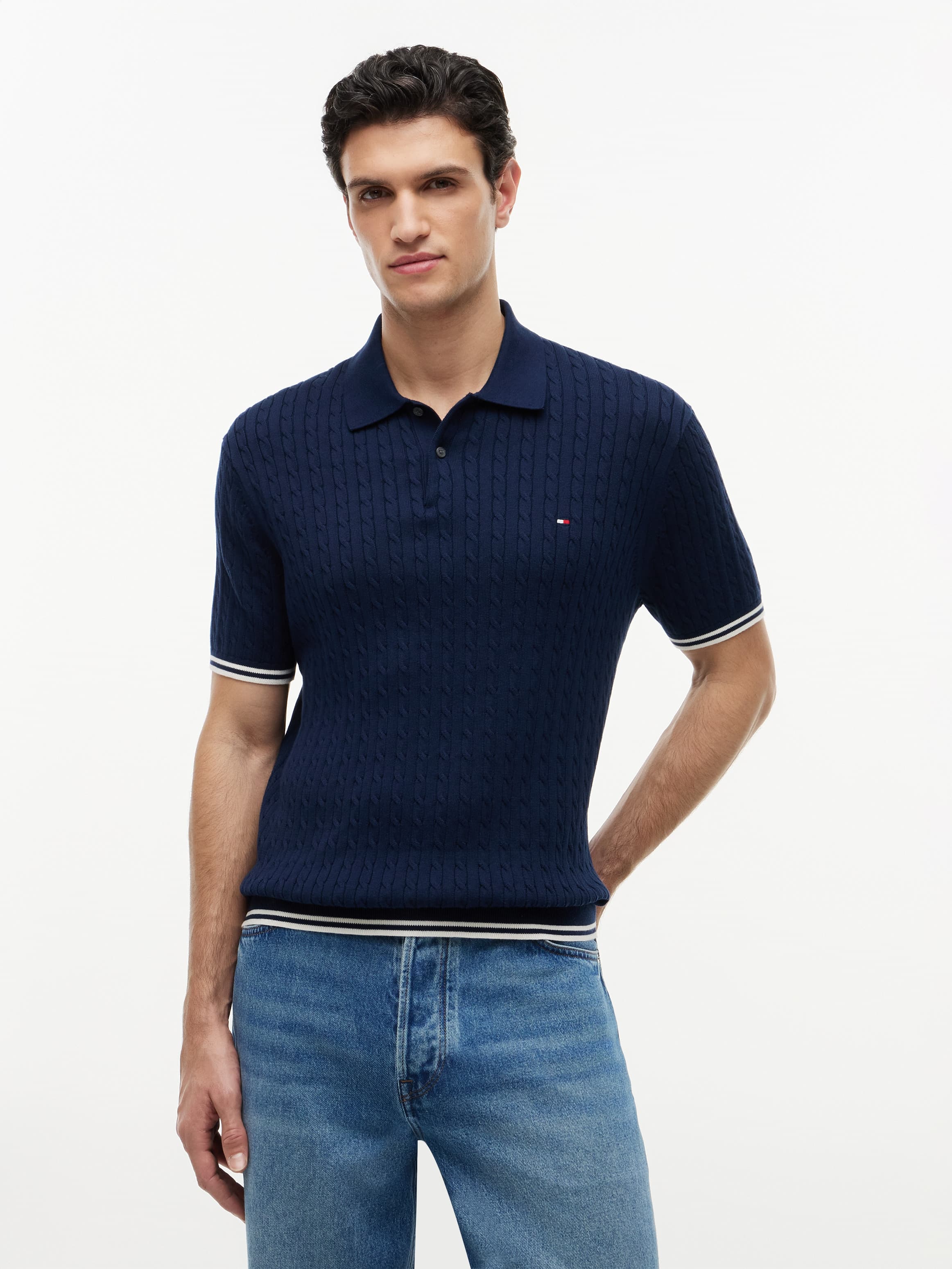 Cable Knit Short Sleeve Polo Jumper