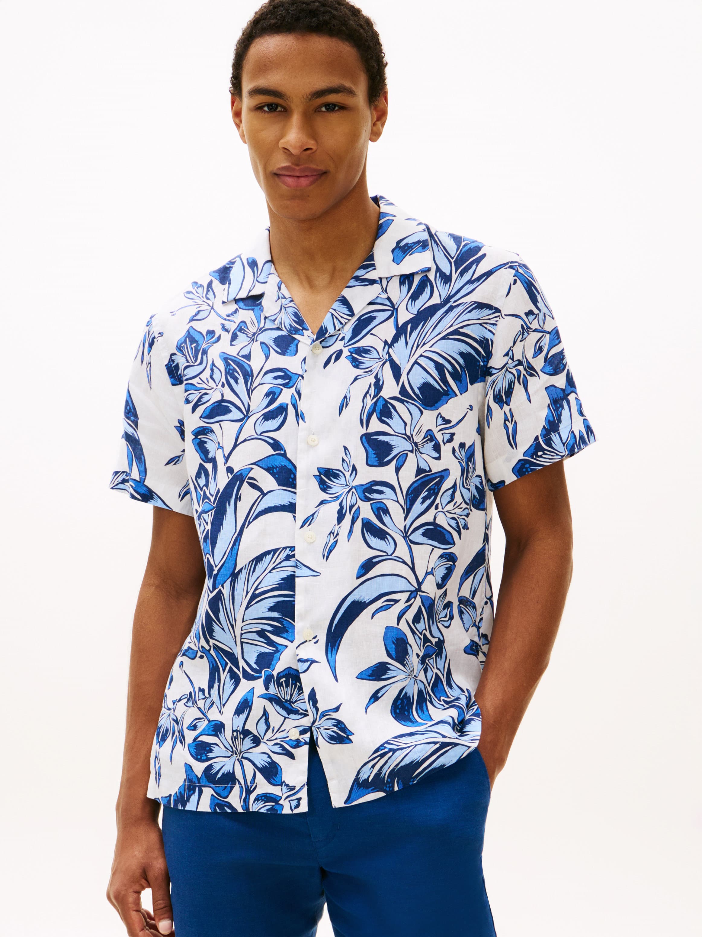 Regular Fit Floral Print Linen Short Sleeve Shirt