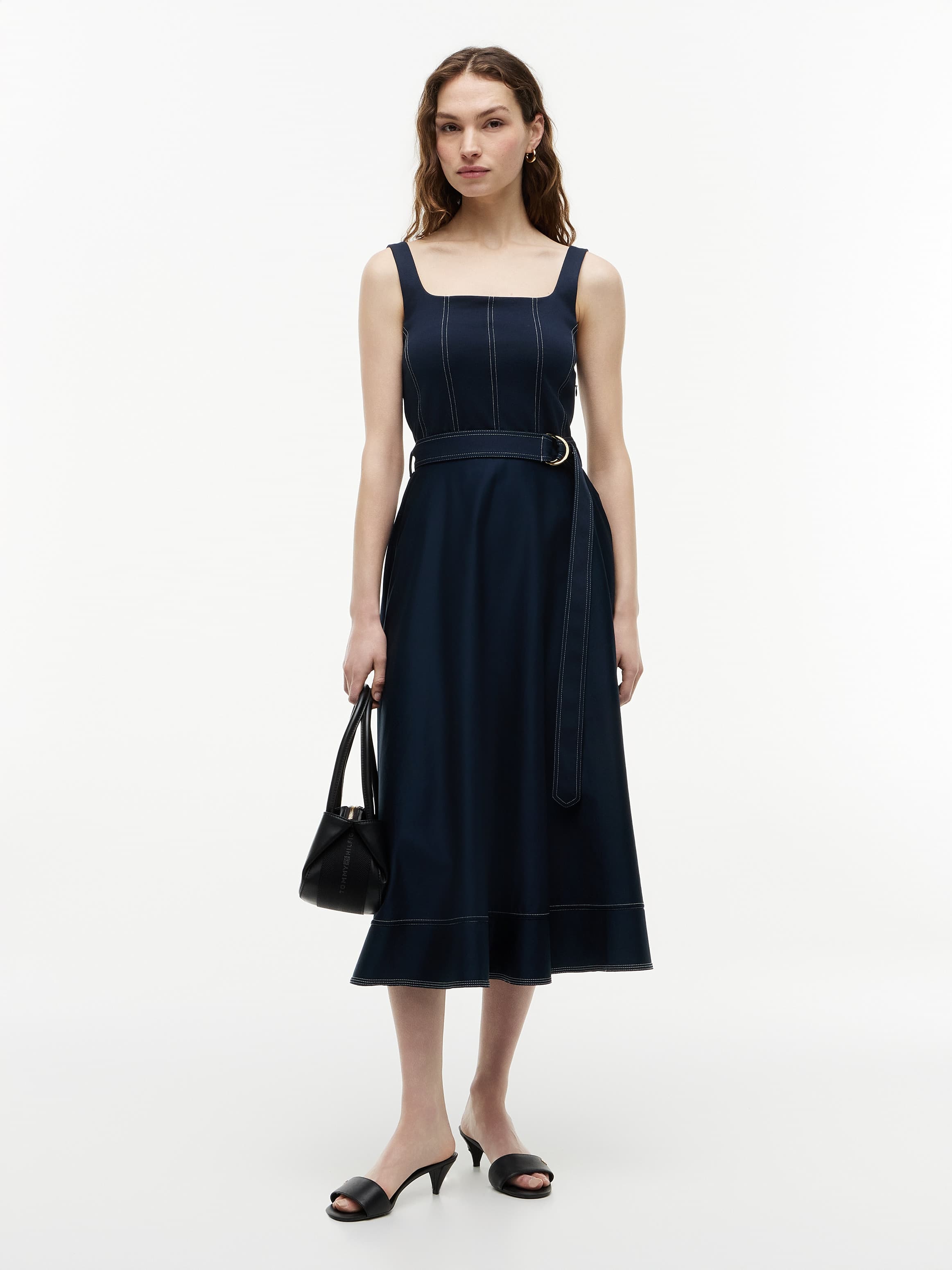 Topstitch Square Neck Belted Midi Dress