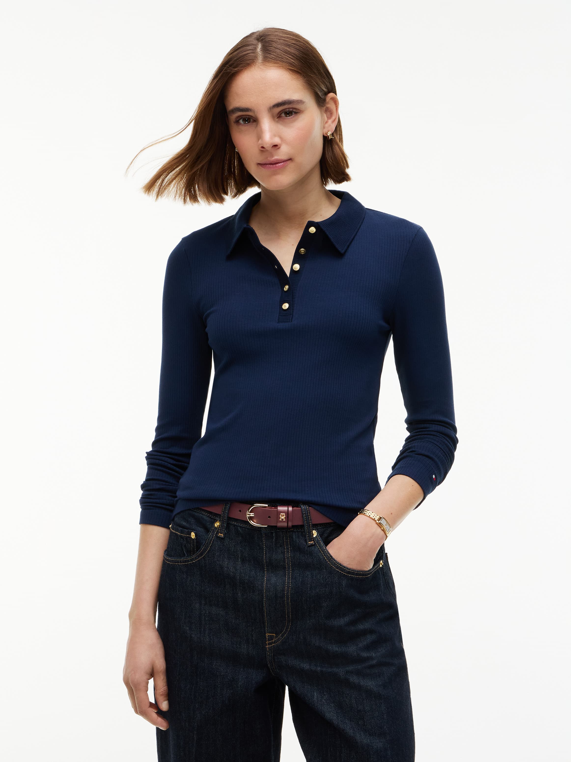Slim Fit Ribbed Long Sleeve Polo Shirt