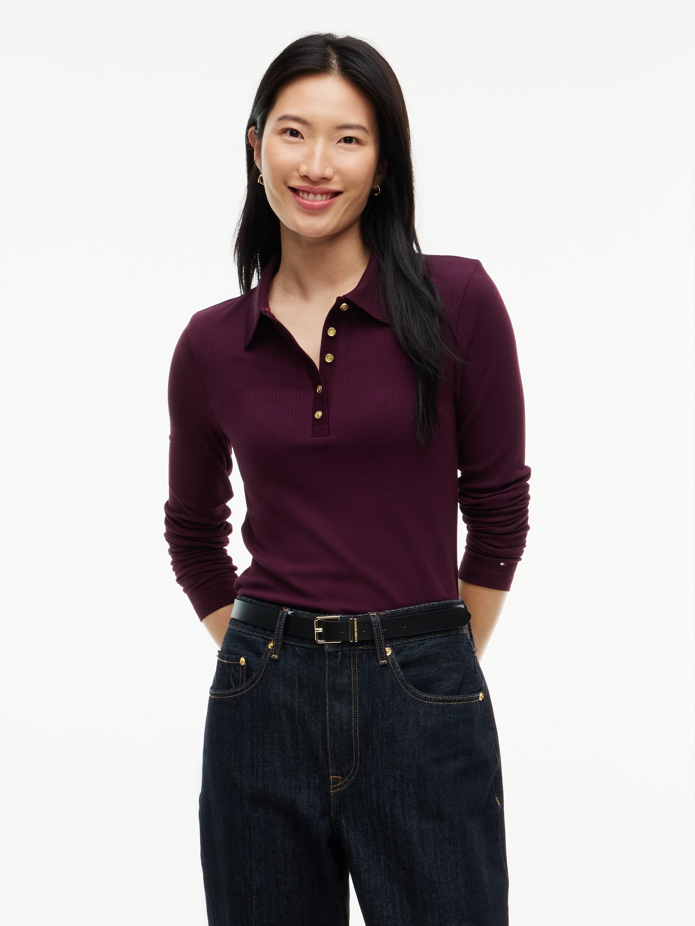 Slim Fit Ribbed Long Sleeve Polo Shirt