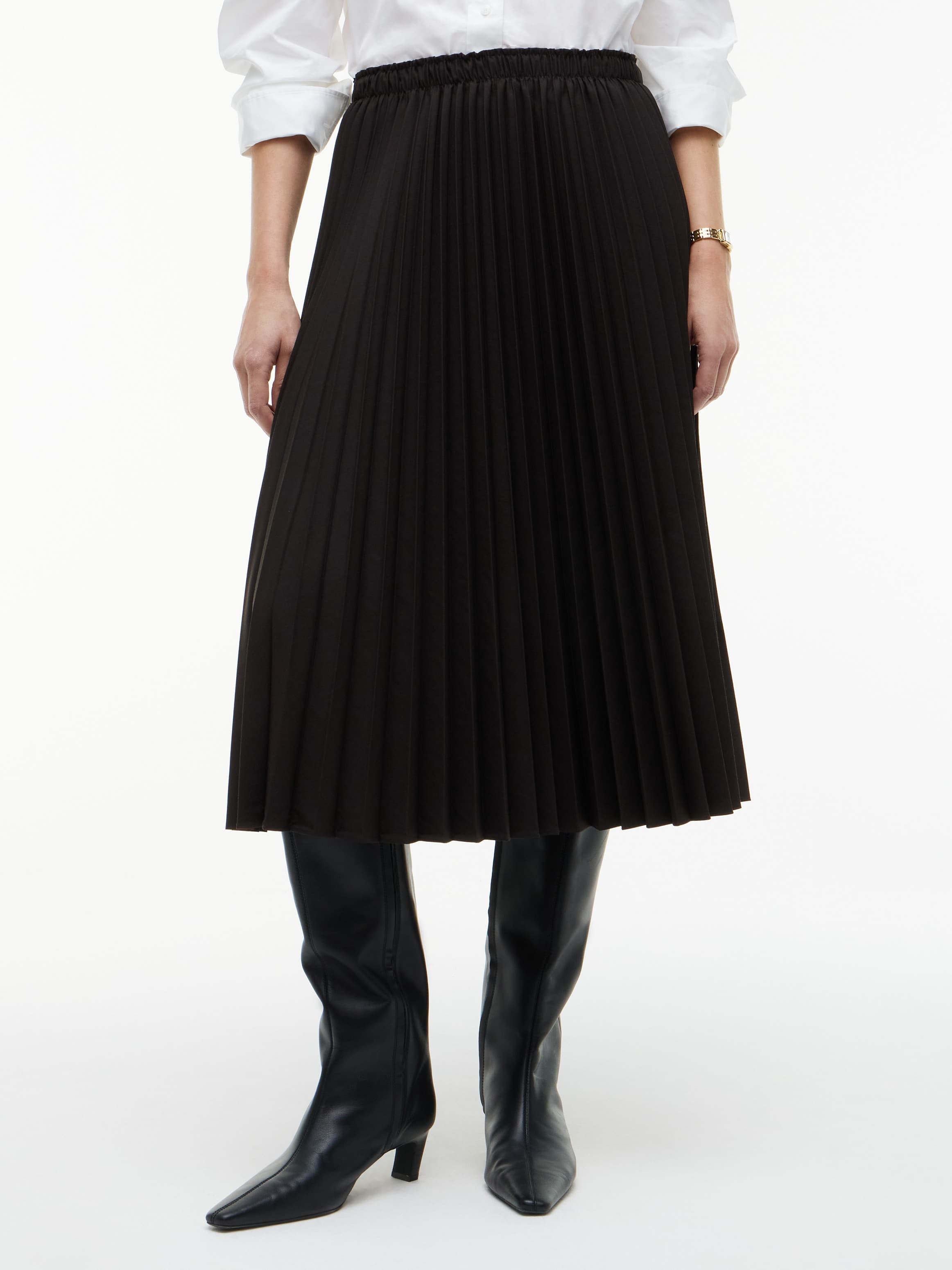 Pleated Twill Midi Skirt