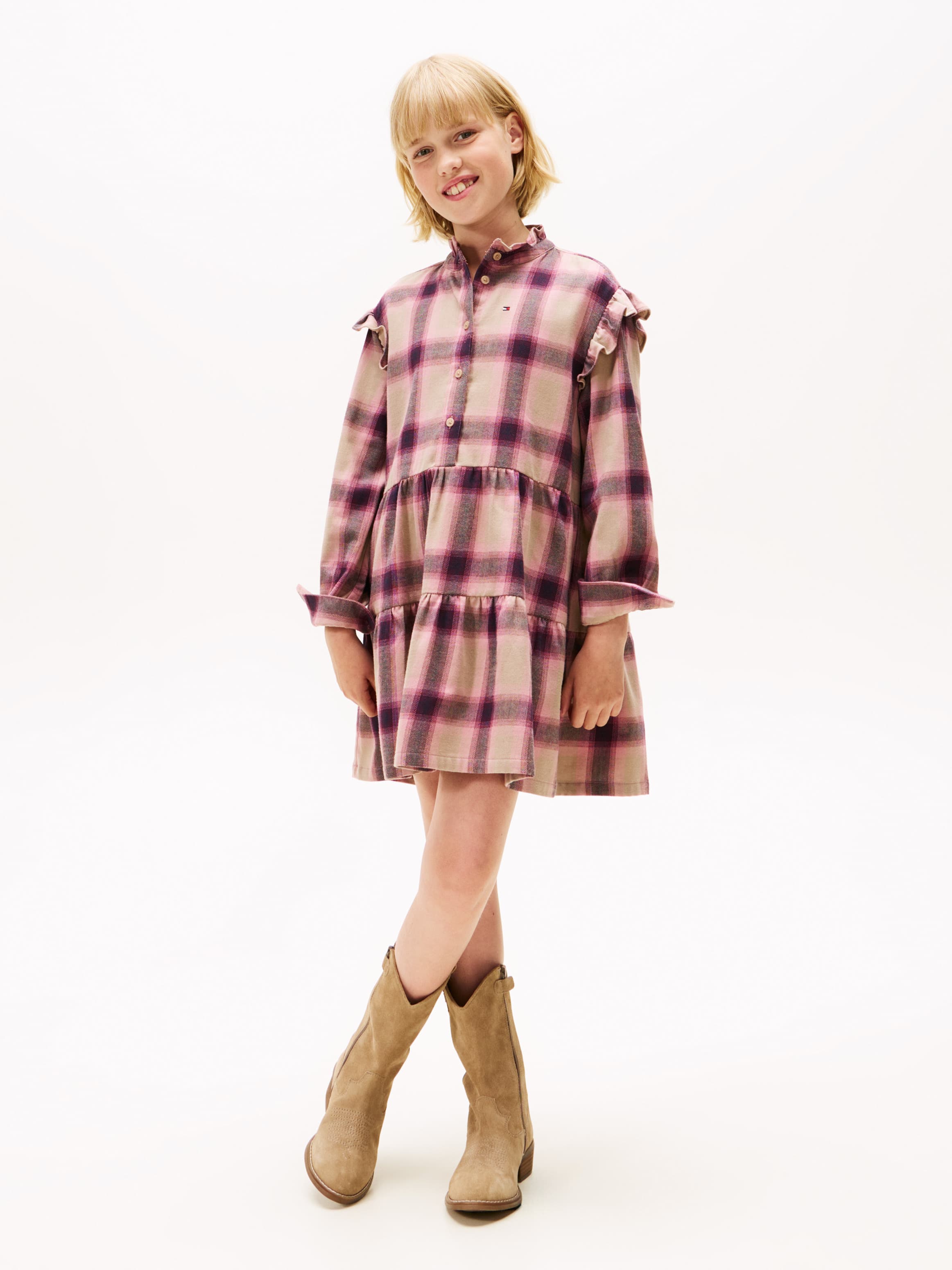 Ruffle Flannel Check Relaxed Shirt Dress