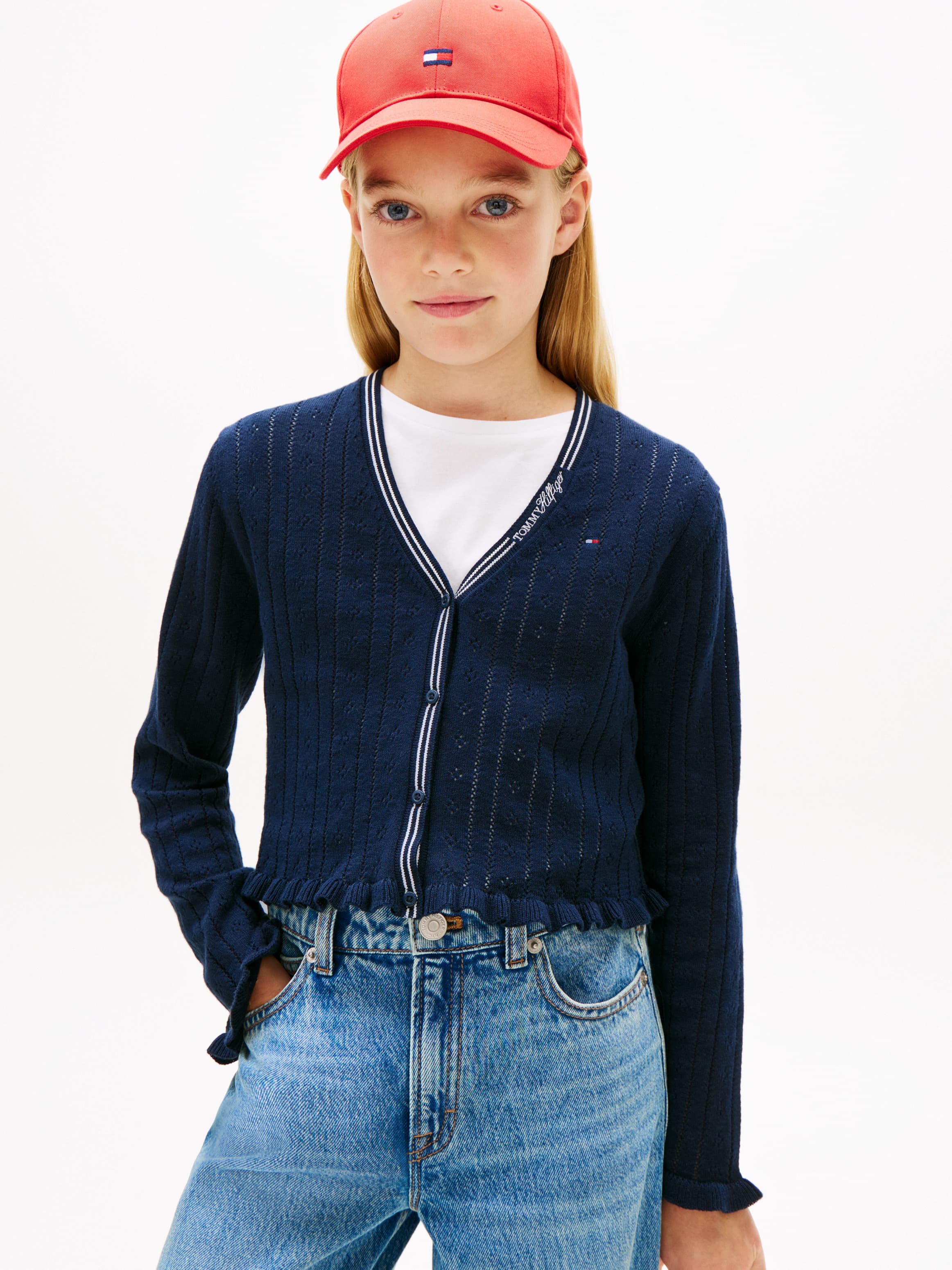 Pointelle Ruffle Trim V-Neck Cardigan