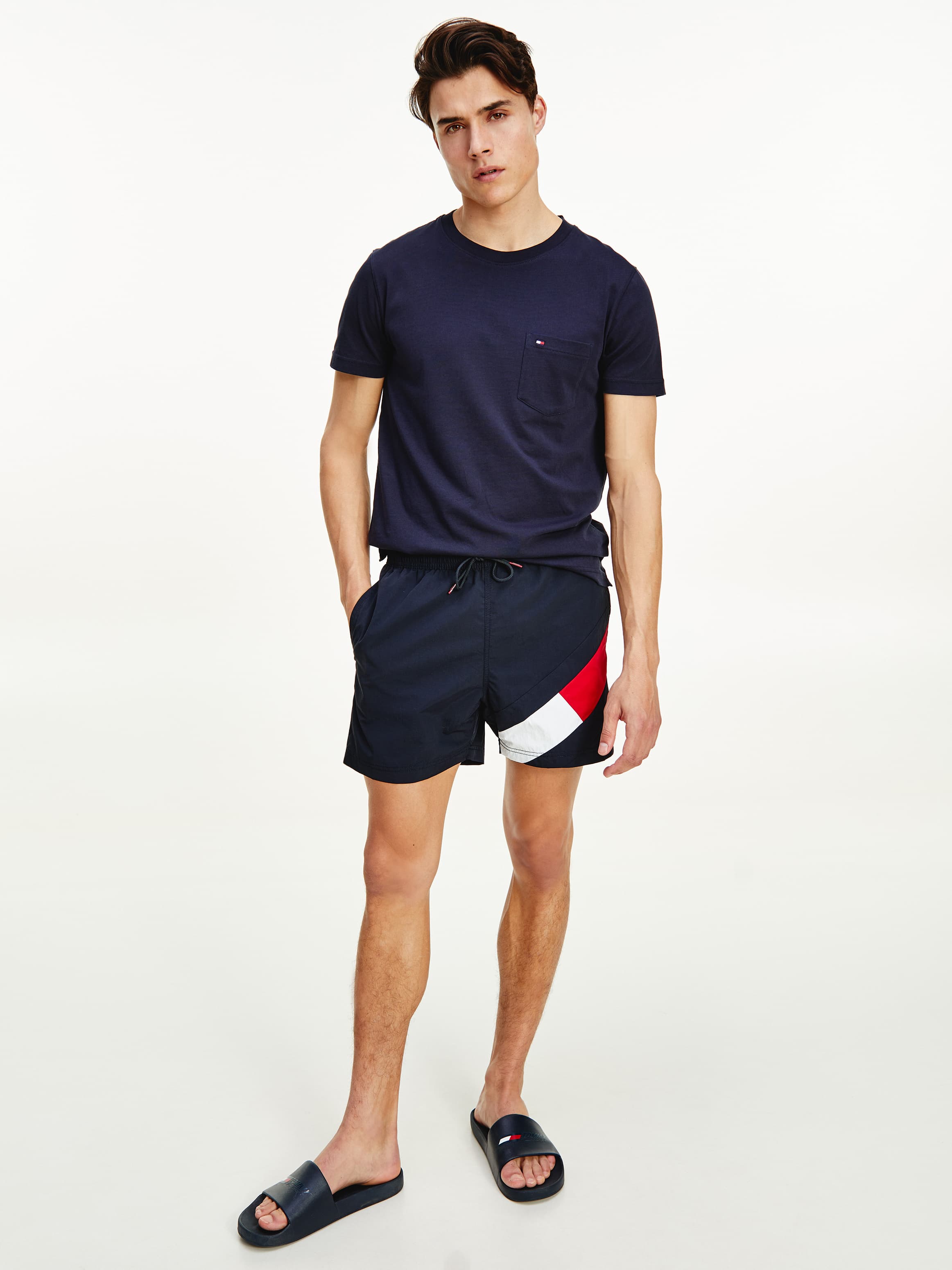 Colour-Blocked Slim Fit Mid Length Swim Shorts